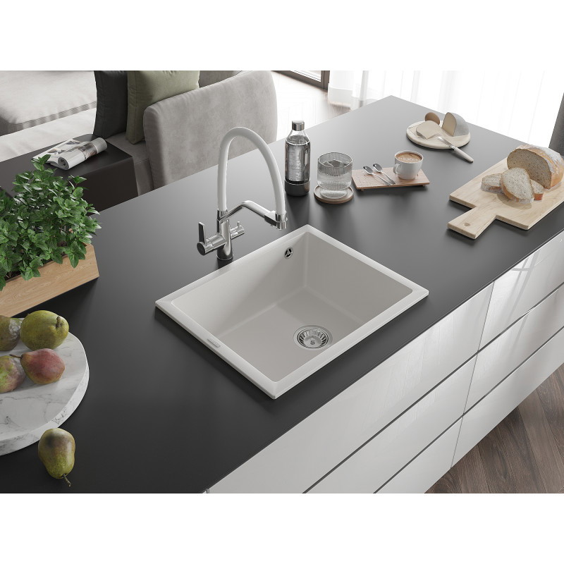 Mexen Pedro fregadero de granito de 1 cubeta 560 x 460 mm, blanco, sifón cromado - 6508561000-20