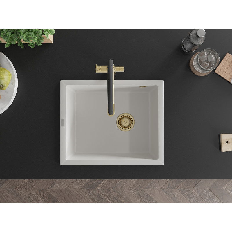 Mexen Pedro fregadero de granito de 1 cubeta 560 x 460 mm, blanco, sifón dorado - 6508561000-20-G
