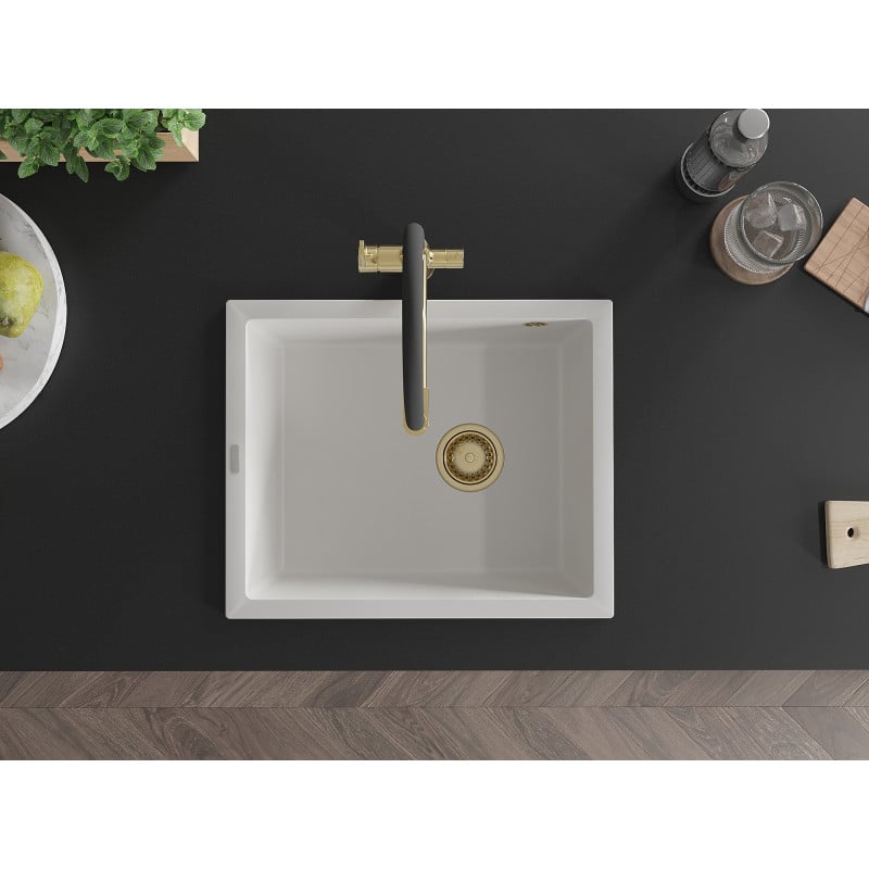 Mexen Pedro granite sink 1-bowl 560 x 460 mm, white, gold siphon - 6508561000-20-G