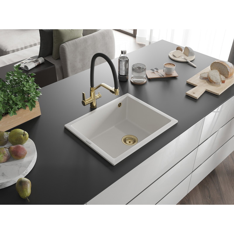 Mexen Pedro Granitspüle 1-beckig 560 x 460 mm, weiß, Siphon golden - 6508561000-20-G