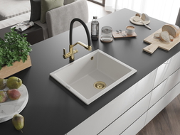 Mexen Pedro granieten gootsteen met 1 kamer 560 x 460 mm, wit, gouden sifon - 6508561000-20-G