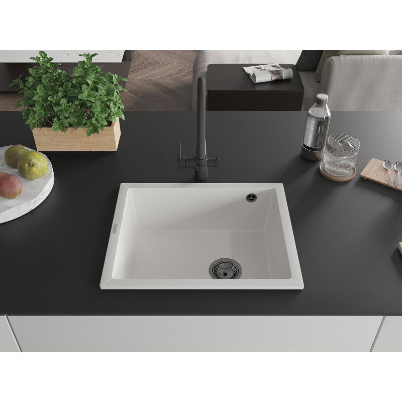 Mexen Pedro fregadero de granito de 1 compartimento 560 x 460 mm, blanco, sifón negro - 6508561000-20-B