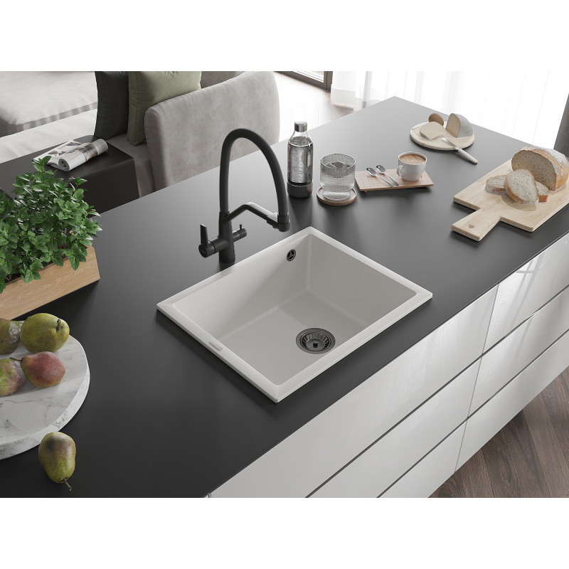 Mexen Pedro granitische spoelbak 1-komorige 560 x 460 mm, wit, zwarte sifon - 6508561000-20-B