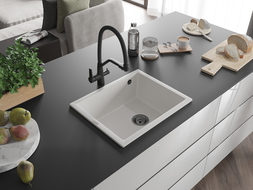 Mexen Pedro évier en granit 1 bac 560 x 460 mm, blanc, siphon noir - 6508561000-20-N