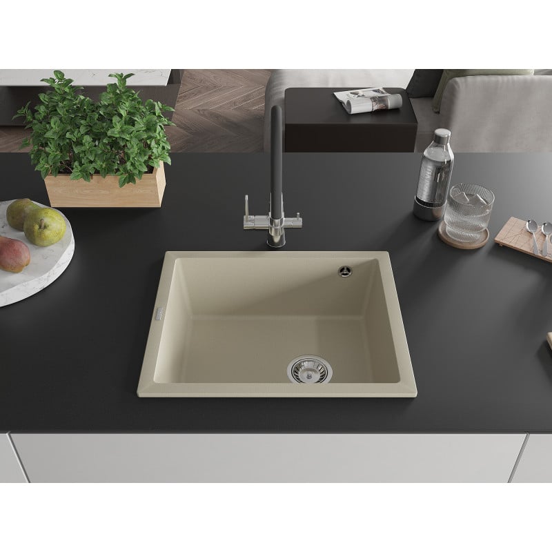 Mexen Pedro 1-bowl granite kitchen sink 560 x 460 mm, beige, chrome siphon - 6508561000-69