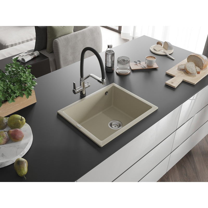 Mexen Pedro Granitspüle 1-beckig 560 x 460 mm, beige, Siphon chrom - 6508561000-69