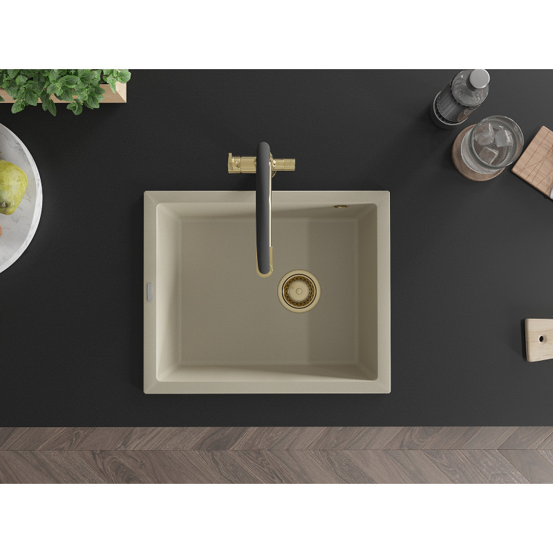 Mexen Pedro Granitspüle 1-beckig 560 x 460 mm, beige, goldener Siphon - 6508561000-69-G