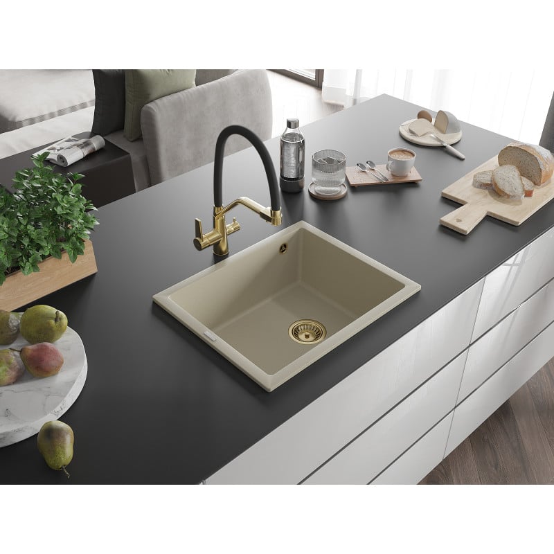 Mexen Pedro zlewozmywak granitowy 1-komorowy 560 x 460 mm, beżowy, syfon złoty - 6508561000-69-G