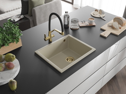 Mexen Pedro Granitspüle 1-becken 560 x 460 mm, beige, goldener Siphon - 6508561000-69-G
