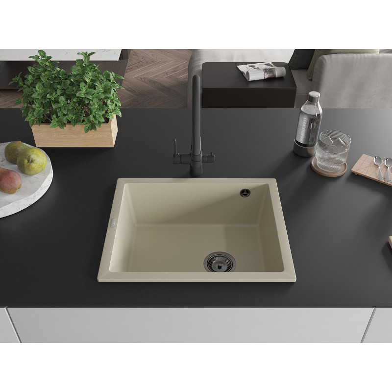Mexen Pedro granieten spoelbak 1-komerig 560 x 460 mm, beige, zwarte sifon - 6508561000-69-B