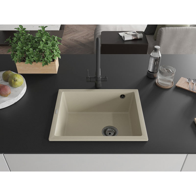 Mexen Pedro granitstenen wastafel 1-kompartiment 560 x 460 mm, beige, zwarte sifon - 6508561000-69-B