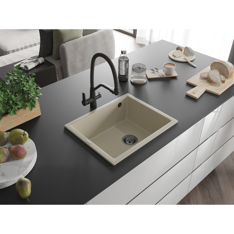 Mexen Pedro évier en granit 1 bac 560 x 460 mm, beige, siphon noir - 6508561000-69-B