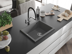 Mexen Pedro granite kitchen sink 1-bowl 560 x 460 mm, gray, chrome siphon - 6508561000-71