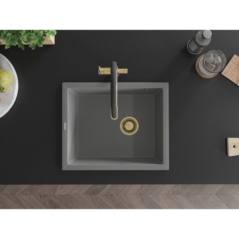 Mexen Pedro évier en granit 1 bac 560 x 460 mm, gris, siphon doré - 6508561000-71-G