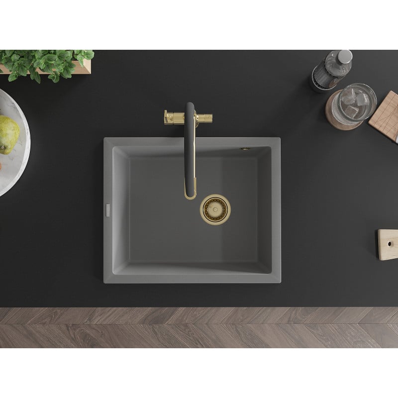 Mexen Pedro lava-loiça em granito 1-cubículo 560 x 460 mm, cinzento, sifão dourado - 6508561000-71-G