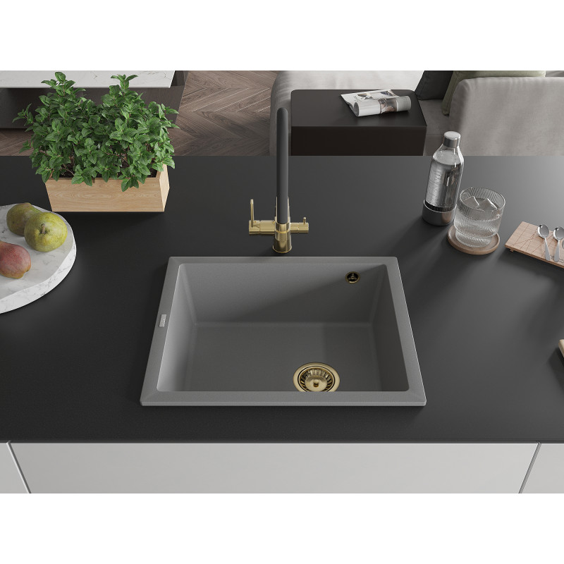 Mexen Pedro granit gootsteen 1-komor 560 x 460 mm, grijs, gouden sifon - 6508561000-71-G