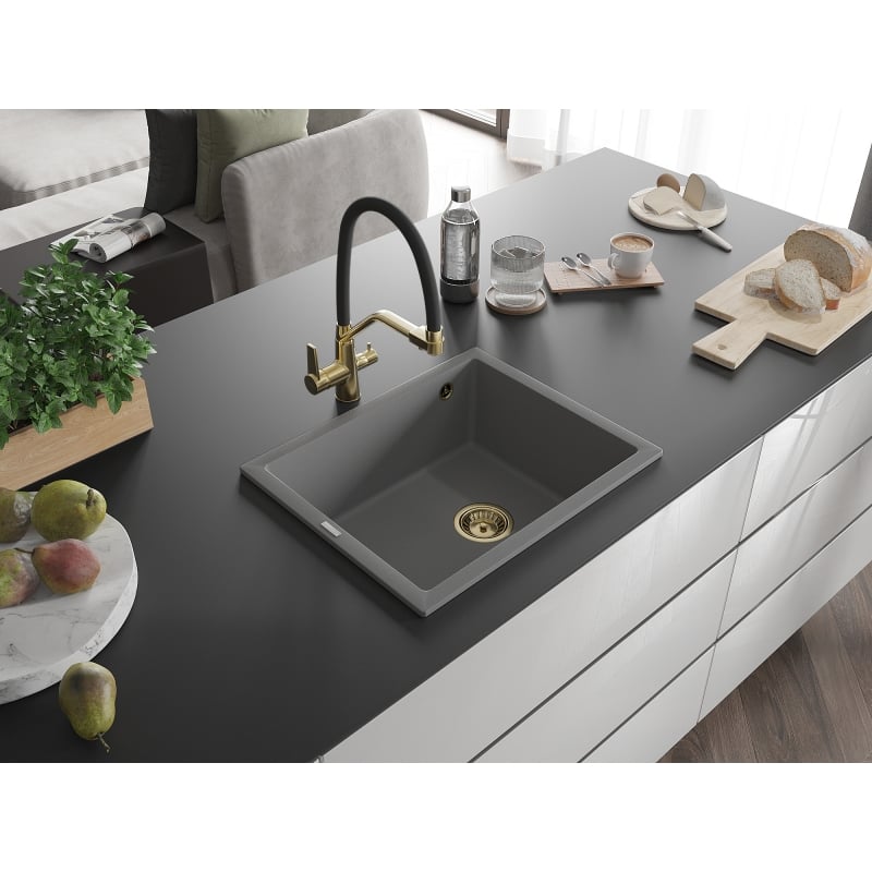 Mexen Pedro granitni sudoper s jednom komorom 560 x 460 mm, sivi, sifon zlatni - 6508561000-71-G