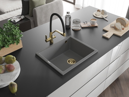 Mexen Pedro granieten gootsteen 1-komor 560 x 460 mm, grijs, gouden sifon - 6508561000-71-G
