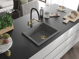 Mexen Pedro granitni sudoper s jednom komorom 560 x 460 mm, sivi, sifon zlatni - 6508561000-71-G