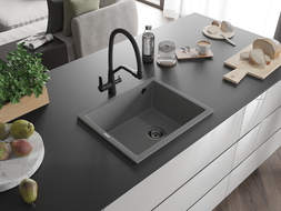 Mexen Pedro granite sink 1-bowl 560 x 460 mm, grey, black siphon - 6508561000-71-B