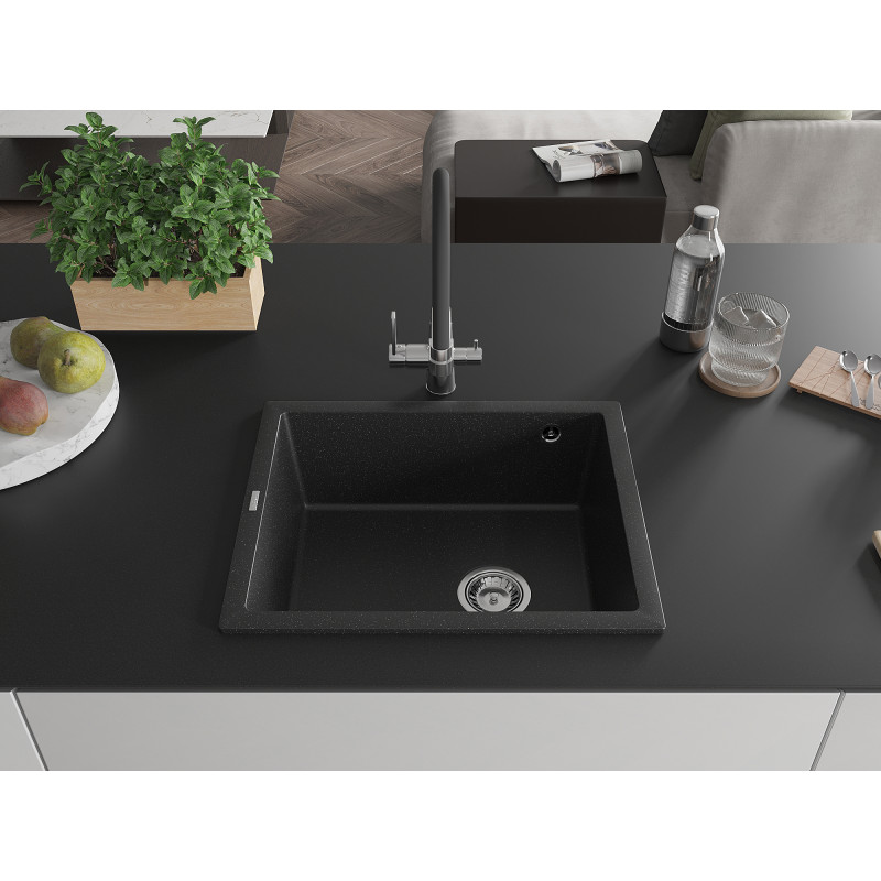 Mexen Pedro fregadero de granito de 1 cubeta 560 x 460 mm, negro/plateado metálico, sifón cromado - 6508561000-73