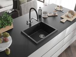 Mexen Pedro évier en granit 1 bac 560 x 460 mm, noir/argent métallique, siphon chromé - 6508561000-73