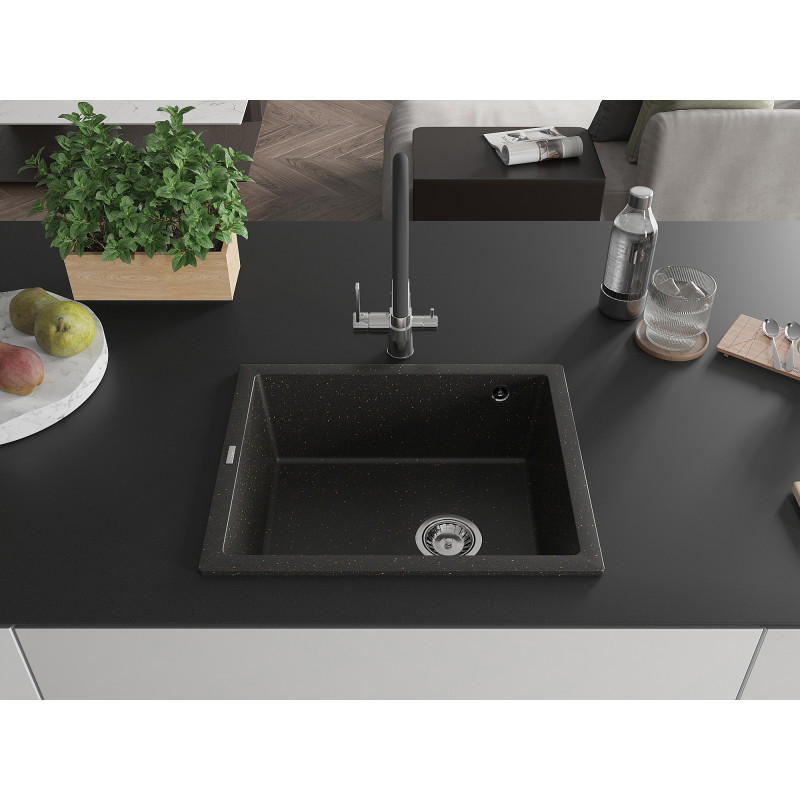 Mexen Pedro Évier en granit 1 bac 560 x 460 mm, noir/doré métallique, siphon chromé - 6508561000-75