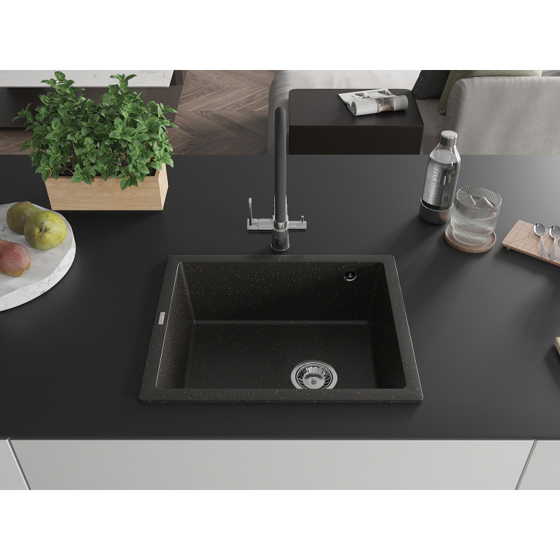 Mexen Pedro graniidist 1-kambriline valamu 560 x 460 mm, must/kuldne metallik, kroomitud sifoon - 6508561000-75