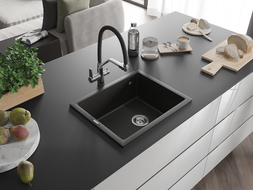 Mexen Pedro granit izlietne ar vienu nodalījumu 560 x 460 mm, melna/zeltains metāliks, hromēts sifons - 6508561000-75