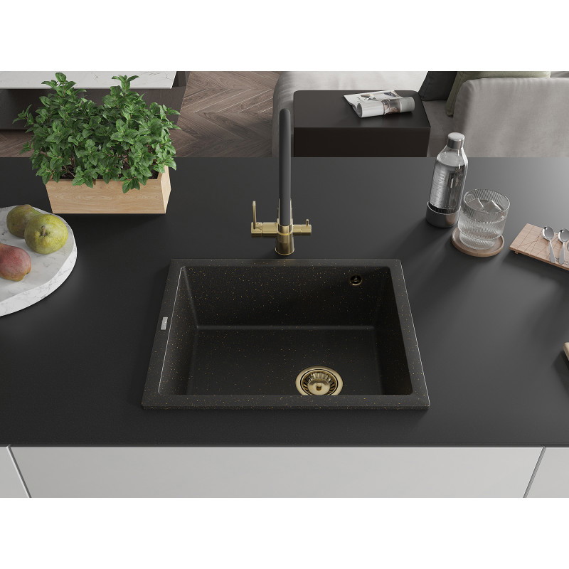Mexen Pedro fregadero de granito de 1 cubeta 560 x 460 mm, negro/dorado metálico, sifón dorado - 6508561000-75-G