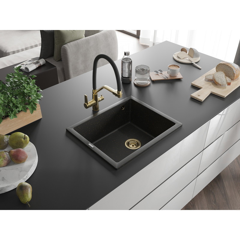 Mexen Pedro Granitspüle 1-beckig 560 x 460 mm, Schwarz/Gold Metallic, goldener Siphon - 6508561000-75-G