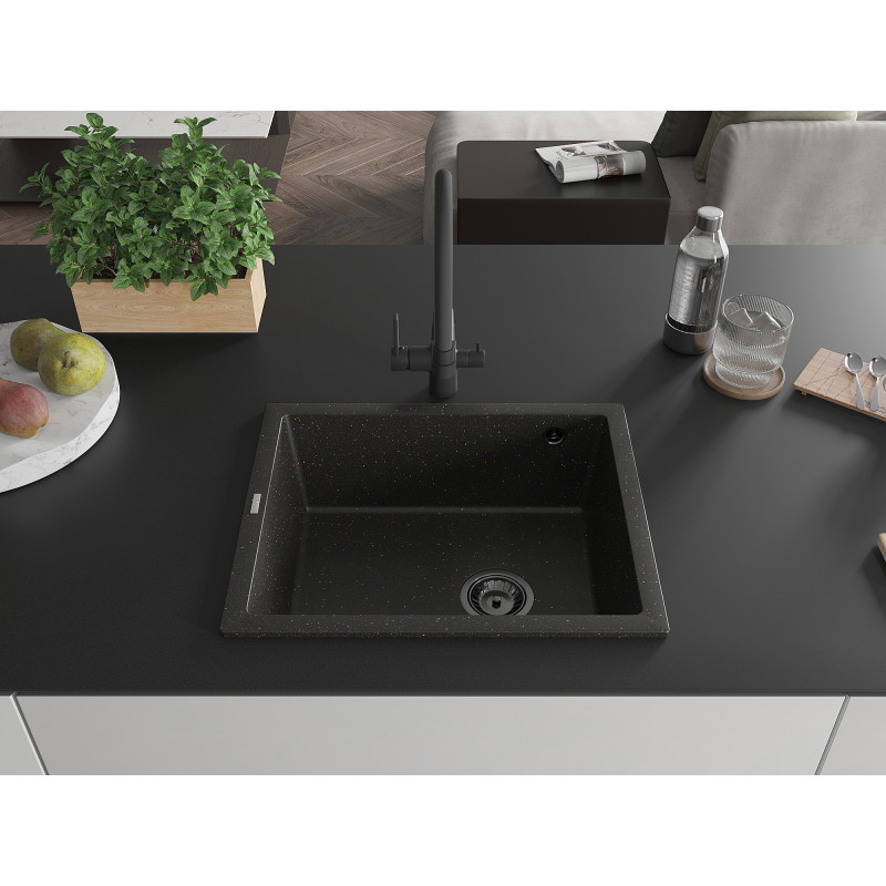 Mexen Pedro Granitspüle ein Becken 560 x 460 mm, schwarz/gold metallic, schwarzer Siphon - 6508561000-75-B