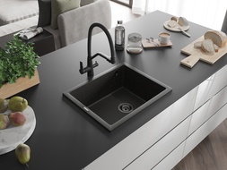 Mexen Pedro évier en granit 1 bac 560 x 460 mm, noir/or métallique, siphon noir - 6508561000-75-B