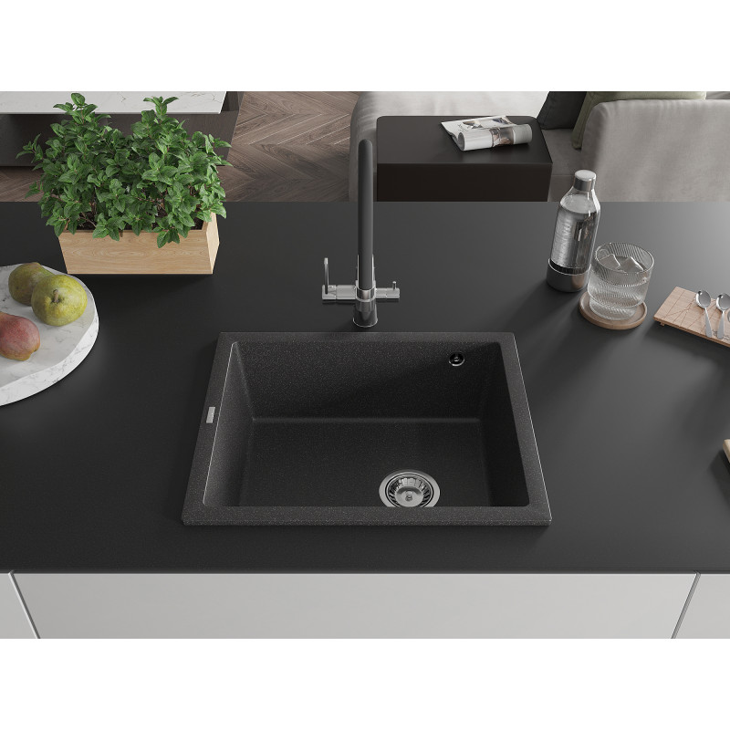 Mexen Pedro évier en granit à 1 bac 560 x 460 mm, noir moucheté, siphon chromé - 6508561000-76