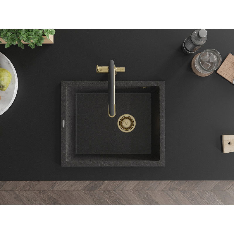 Mexen Pedro granitno pomivalno korito 1-komorno 560 x 460 mm, črno pikčasto, zlati sifon - 6508561000-76-G