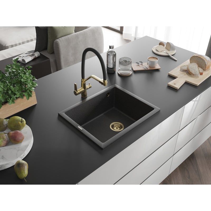 Mexen Pedro lavello in granito 1 vasca 560 x 460 mm, nero maculato, sifone dorato - 6508561000-76-G
