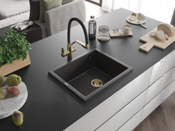 Mexen Pedro évier en granit 1 bac 560 x 460 mm, noir moucheté, siphon doré - 6508561000-76-G