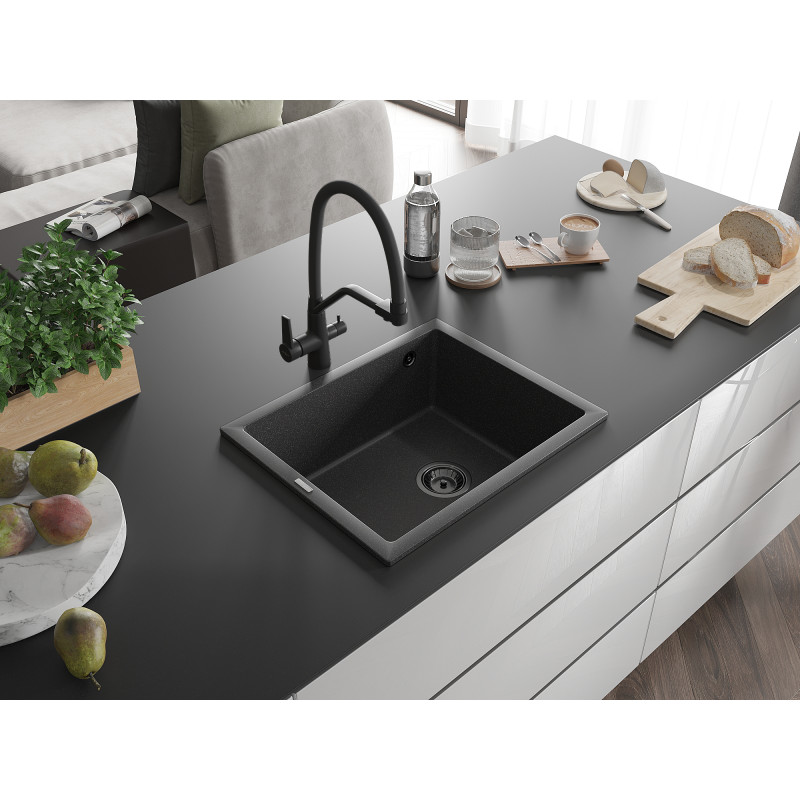 Mexen Pedro évier en granit à 1 bac 560 x 460 mm, noir moucheté, siphon noir - 6508561000-76-B