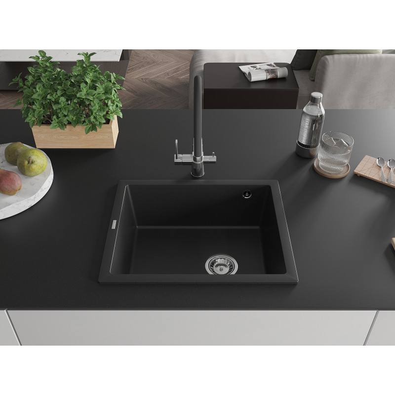 Mexen Pedro Granitspüle 1-beckig 560 x 460 mm, schwarz, Abfluss Chrom - 6508561000-77