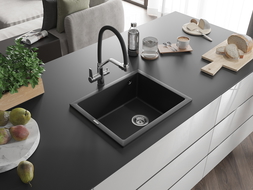 Mexen Pedro kamnito pomivalno korito z 1 prekatom 560 x 460 mm, črno, kromiran sifon - 6508561000-77