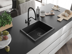 Mexen Pedro granite sink 1-bowl 560 x 460 mm, black, black siphon - 6508561000-77-B