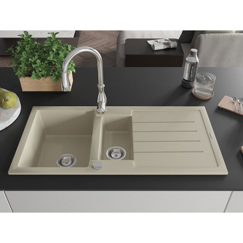 Mexen Andres granite sink 1.5-bowl with drainer and Savita kitchen mixer, beige - 6515-69-672601-00