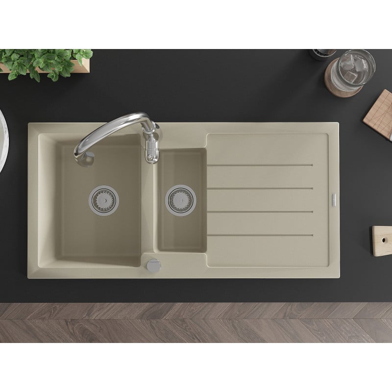 Mexen Andres fregadero de granito de 1,5 senos con escurridor y grifo de cocina Savita, beige - 6515-69-672601-00