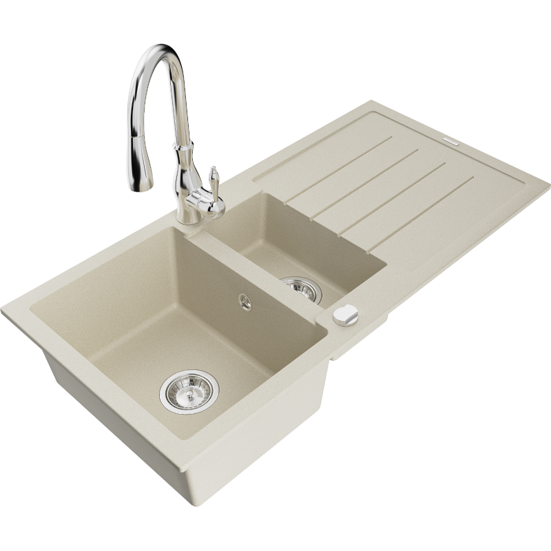 Mexen Andres fregadero de granito de 1,5 senos con escurridor y grifo de cocina Savita, beige - 6515-69-672601-00