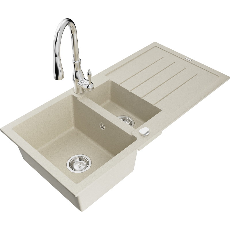 Mexen Andres granitische spoelbak 1,5-compartiment met afdruiprek en keukenkraan Savita, beige - 6515-69-672601-00