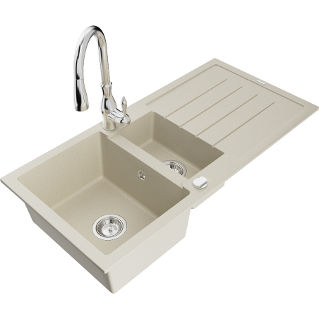 Mexen Andres 1.5-bowl granite sink with drainer and Savita kitchen faucet, beige - 6515-69-672601-00