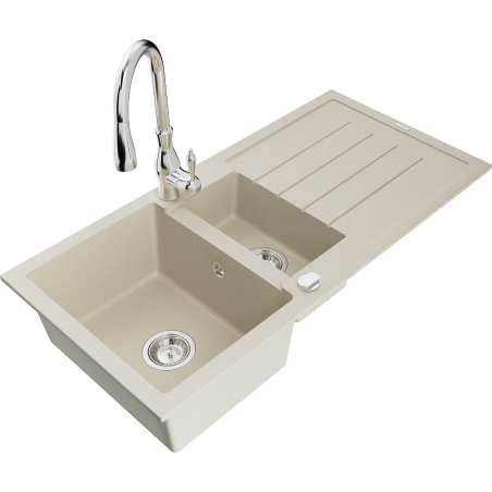 Mexen Andres granitische spoelbak 1,5-komer met afdruiprek en keukenkraan Savita, beige - 6515-69-672601-00