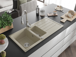 Mexen Andres lavello da cucina in granito 1,5 vasca con sgocciolatoio e rubinetto Savita, beige - 6515-69-672601-00