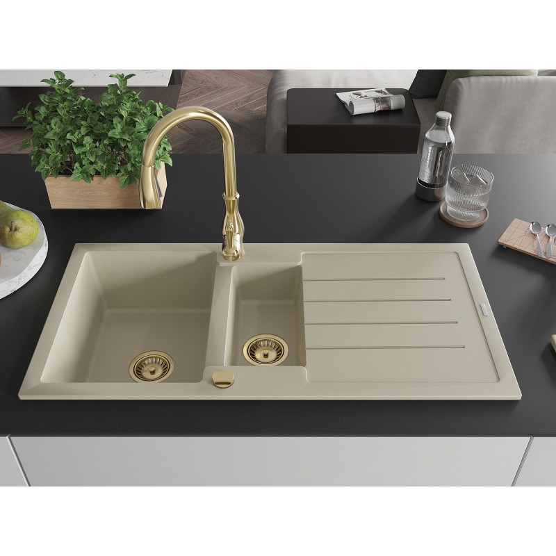 Mexen Andres 1,5-Kammer-Granispüle mit Abtropffläche und Küchenarmatur Savita, beige - 6515-69-672601-50