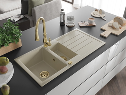 Mexen Andres Granitspüle 1,5-beckig mit Abtropffläche und Küchenarmatur Savita, beige - 6515-69-672601-50